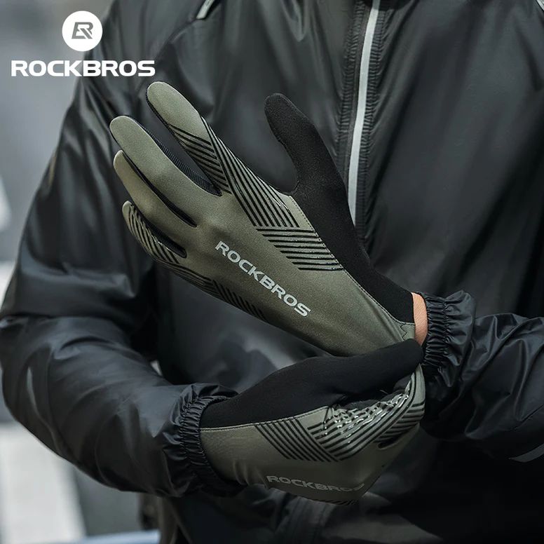 Велоперчатки ROCKBROS S310 черно зеленые.  Длинные пальцы.