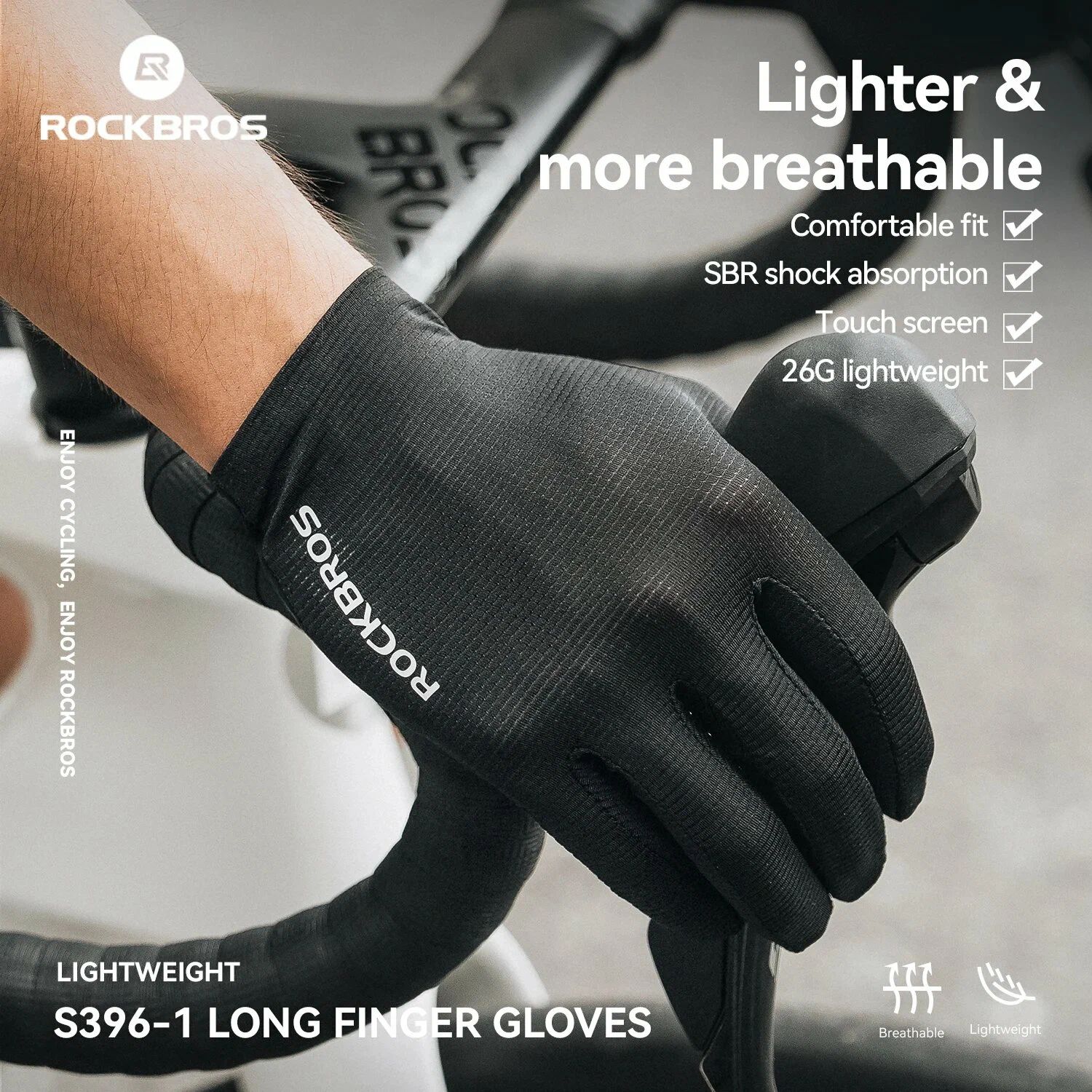Велоперчатки ROCKBROS S396-1 длинные пальцы, без липучки; черный