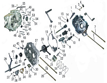 Левый и правый картер, механизм переключения передач, коленчатый вал, поршень